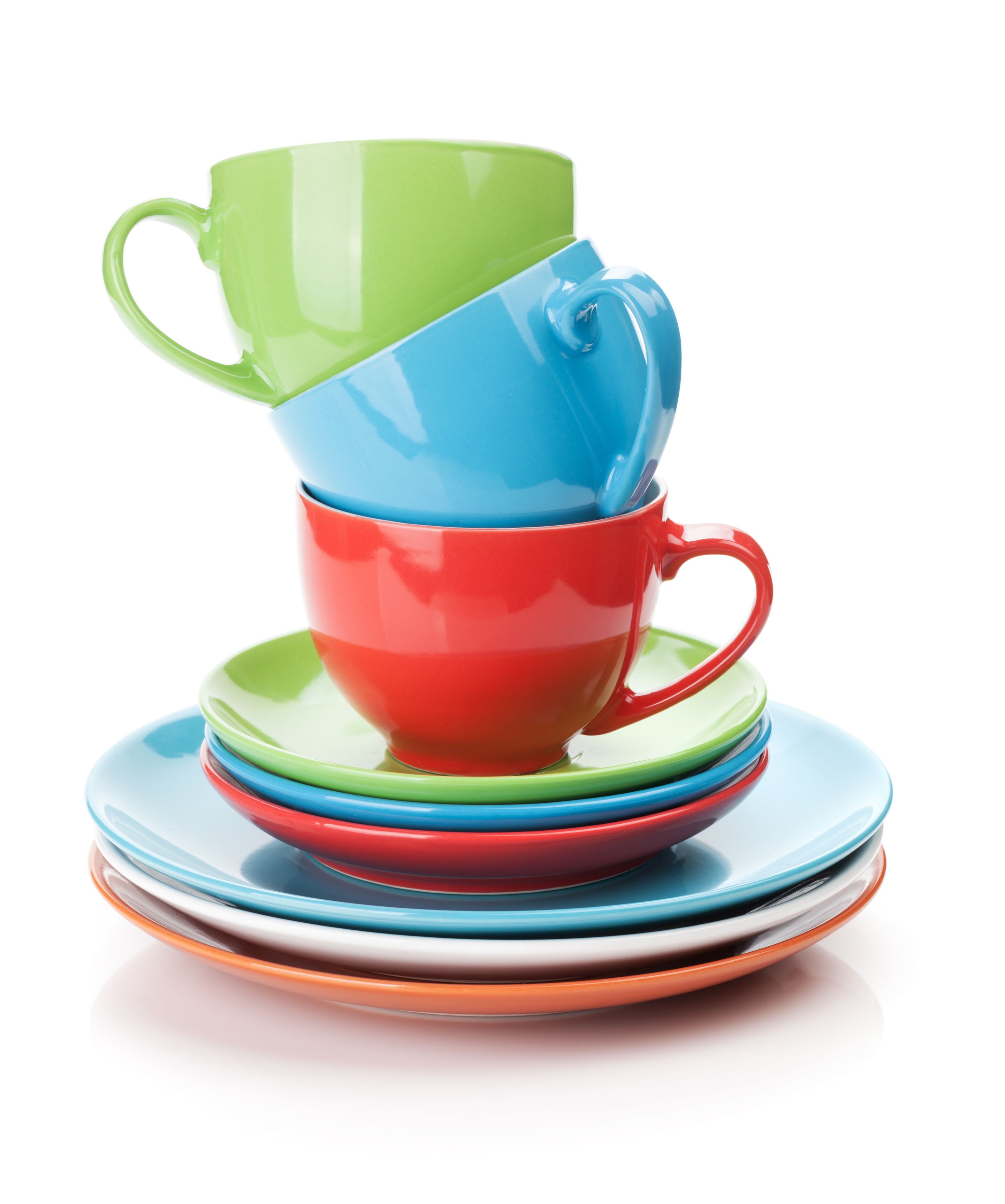 A stack of bright, multi-colored dishes