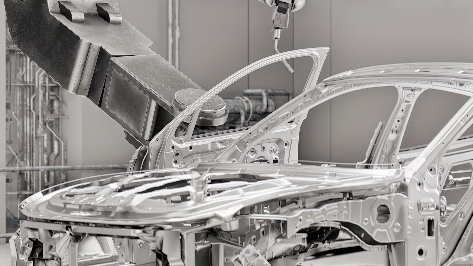 Metal car frame on assembly line