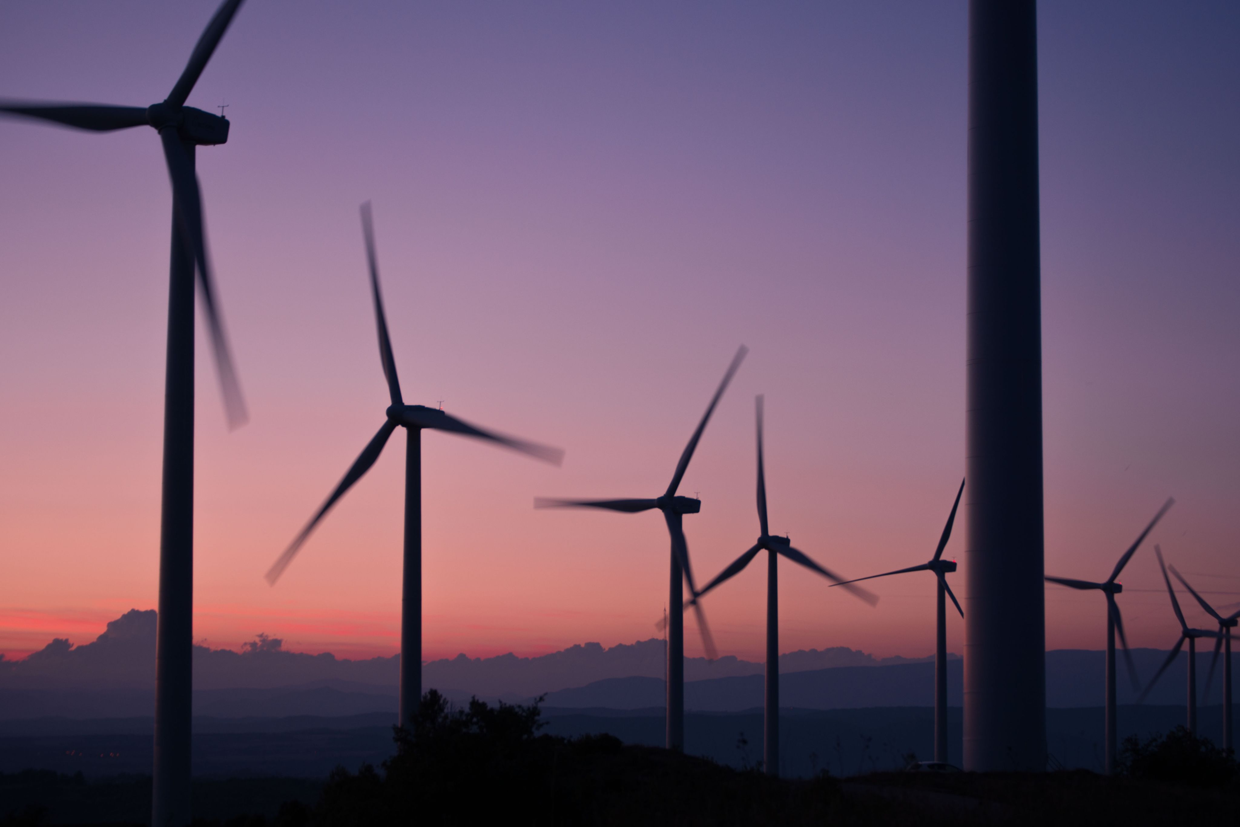 Wind farm turbines at dusk