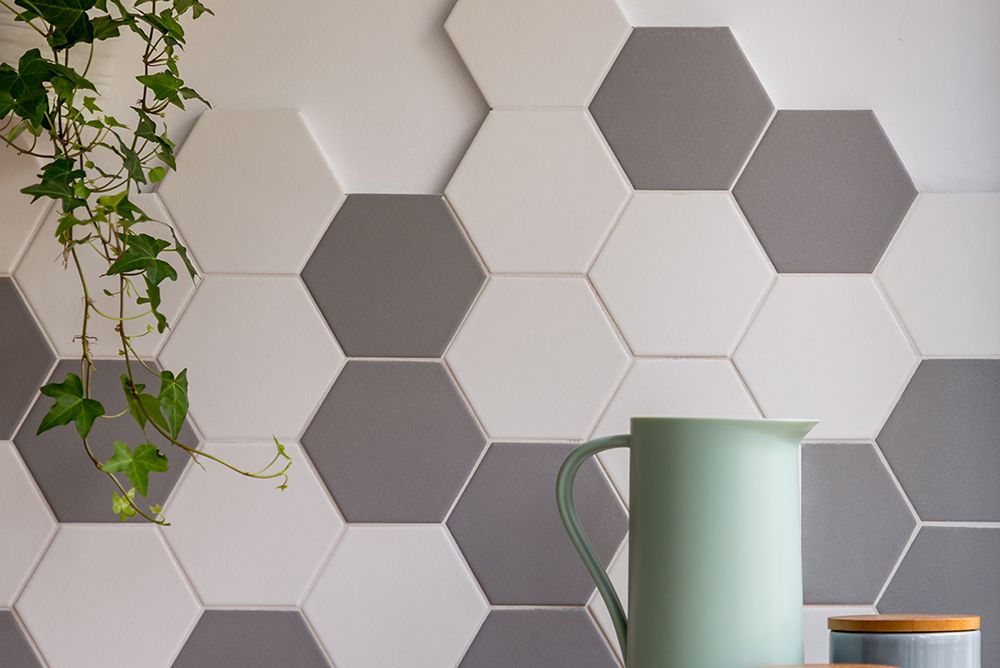 Grey and white hexagonal wall tiles