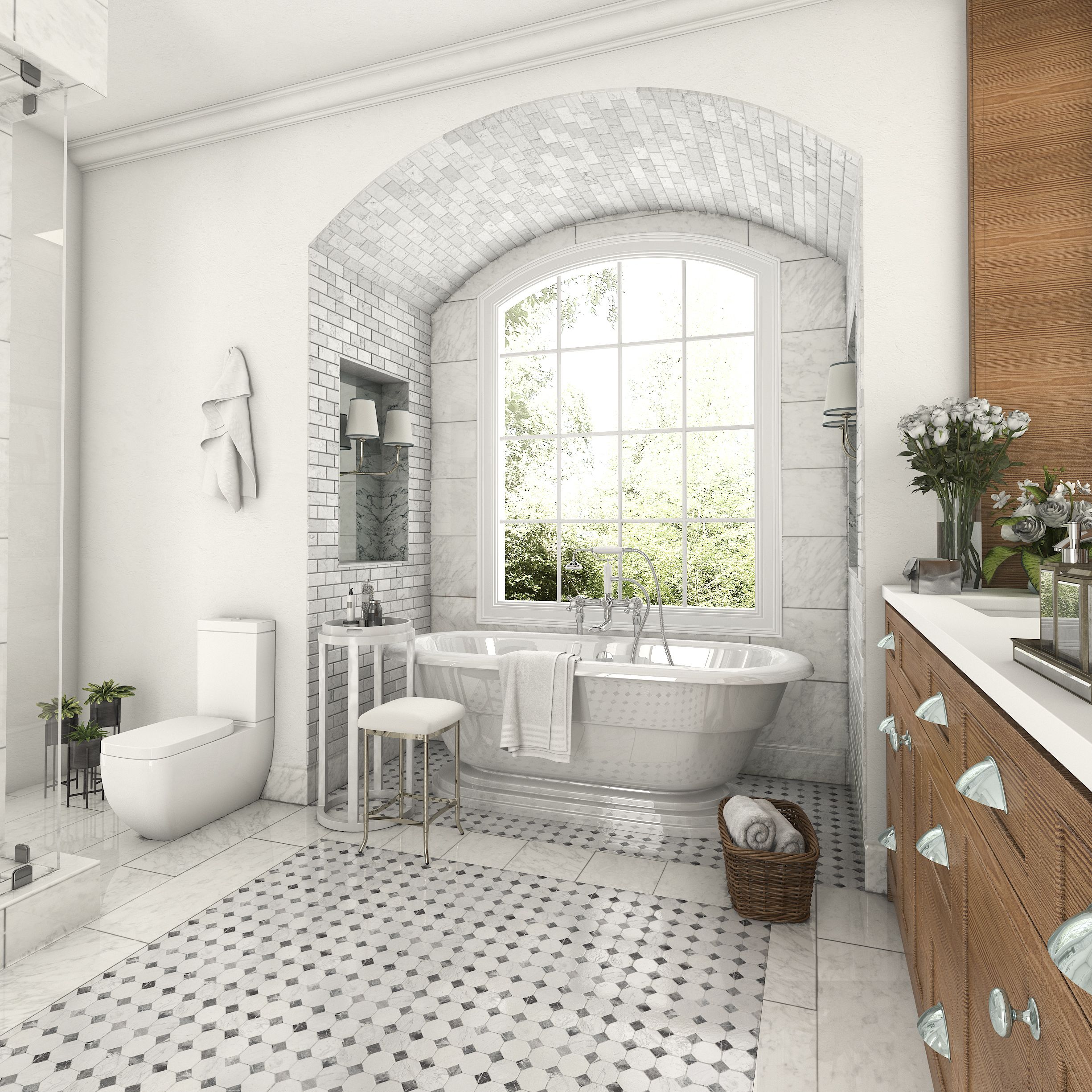 White tiled bathroom with tub, toilet, and sink